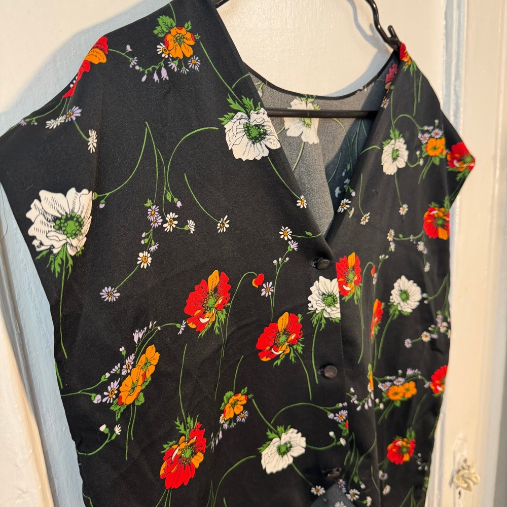 Vintage 70s French Floral Poppy V-Neck Button Plus Size Blouse Cottagecore Vest - Picture 6 of 8